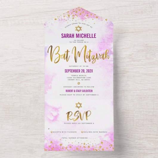 Bat Mitzvah rosa Aquarellgold-Skript modern All In One Einladung (Innen Boden)