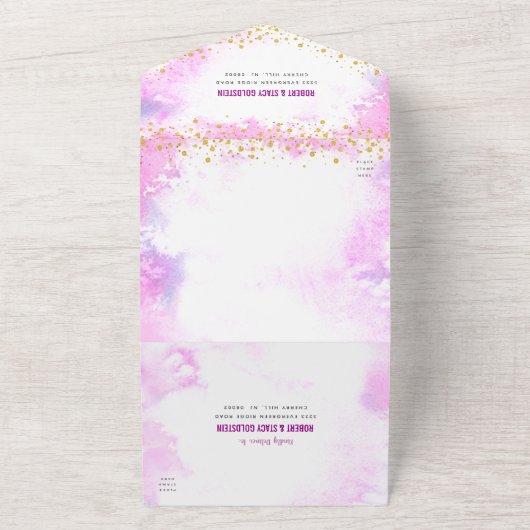 Bat Mitzvah rosa Aquarellgold-Skript modern All In One Einladung (Außenbereich)