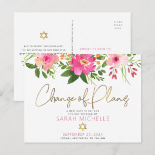 Bat Mitzvah Rosa Floral Aquarell Goldschrift Einladungspostkarte
