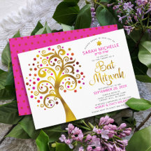 Bat Mitzvah Rosa Goldfolie Schrift Baum des Lebens