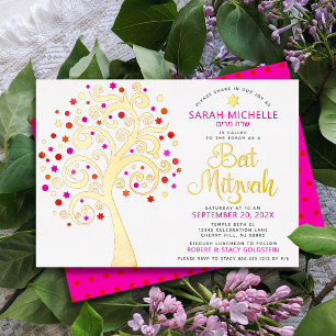 Bat Mitzvah Rosa Lebensbaum Schrift Echtgold Folieneinladung