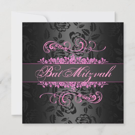 Bat Mitzvah Rosa/Schwarze Rose Swirt Birthday Einl Einladung (Vorderseite)