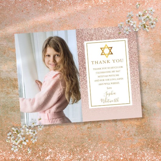 Bat Mitzvah Rose Gold Glitzer Foto Vielen Dank Postkarte