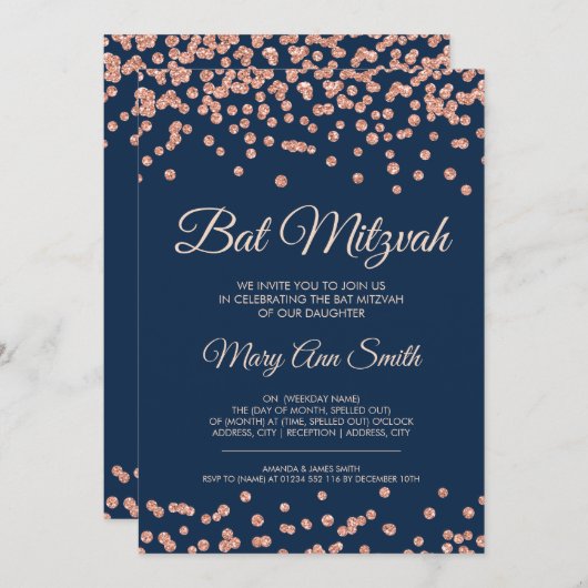 Bat Mitzvah Rose Gold Imitats Glitzer Confetti Mar Einladung (Vorne/Hinten)