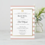 Bat Mitzvah Rose Gold und Weiß Streifen Einladung (Stehend Vorderseite)