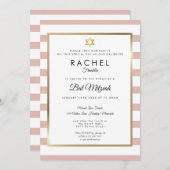 Bat Mitzvah Rose Gold und Weiß Streifen Einladung (Vorne/Hinten)