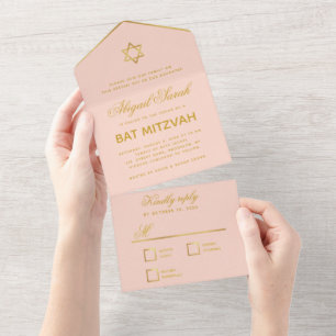 Bat Mitzvah Röte Rosa Faux-Gold Elegante Schrift All In One Einladung