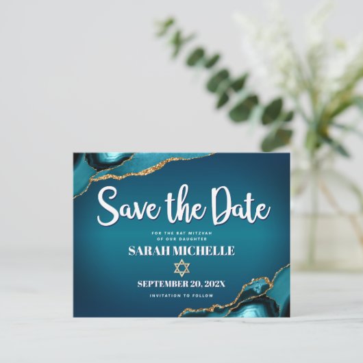 Bat Mitzvah Save the Date Aquamarin Ombre Agate Sc Einladungspostkarte (Stehend Vorderseite)