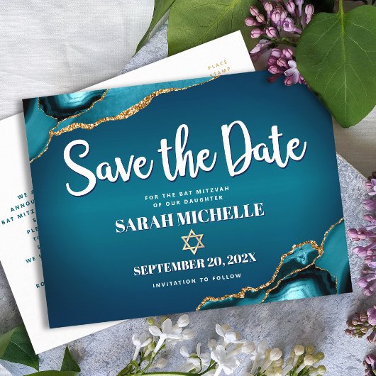 Bat Mitzvah Save the Date Aquamarin Ombre Agate Sc Einladungspostkarte