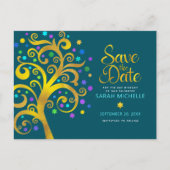 Bat Mitzvah Save the Date Aquamariner Goldbaum Einladungspostkarte (Vorderseite)