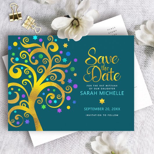 Bat Mitzvah Save the Date Aquamariner Goldbaum Einladungspostkarte
