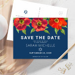 Bat Mitzvah Save the Date Floral Watercolor Navy Einladungspostkarte<br><div class="desc">Achten Sie darauf, dass alle Ihre Freunde und Verwandten den Meilenstein Ihrer Tochter Bat Mitzvah feiern können! Versenden Sie diese schicke, atemberaubende, rote, blumenfarbene Wasserfarbe mit modernem san serif Typ vor marineblau Hintergrund, personalisierte "Save the Date" Ankündigungskarte. Personalisieren Sie den benutzerdefinierten Text mit dem Namen und Datum Ihres Bat Mitzvah....</div>