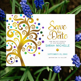 Bat Mitzvah Save the Date Gold & Aquamariner Baum  Einladungspostkarte