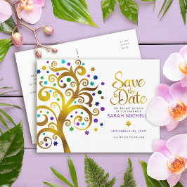 Bat Mitzvah Save the Date Gold Lila Baum des Leben Einladungspostkarte