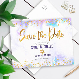 Bat Mitzvah Save the Date Gold Lila Wasserfarbe Einladungspostkarte