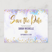 Bat Mitzvah Save the Date Gold Lila Wasserfarbe Einladungspostkarte (Vorderseite)