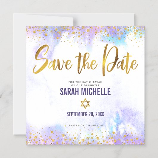 Bat Mitzvah Save the Date Gold Lila Wasserfarbe Magneteinladung (Vorderseite)