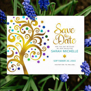 Bat Mitzvah Save the Date Gold & Türkisbaum des Le Einladungspostkarte