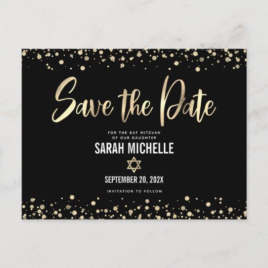 Bat Mitzvah Save the Date Modernes Black Gold Scri Einladungspostkarte (Vorderseite)