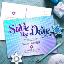 Bat Mitzvah Save the Date Retro Blue Lila Ombre