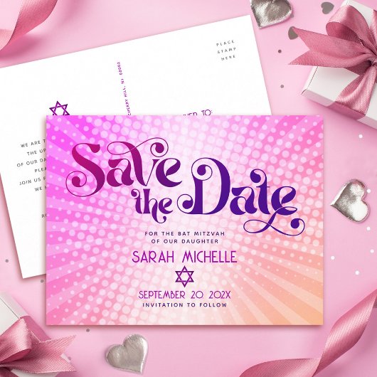 Bat Mitzvah Save the Date Retro Pink Orange Ombre Einladungspostkarte