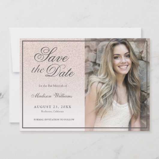 Bat Mitzvah Save the Date Rose Gold Glitzer Foto (Vorderseite)