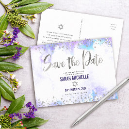 Bat Mitzvah Save the Date Silver Lila Watercolor Einladungspostkarte