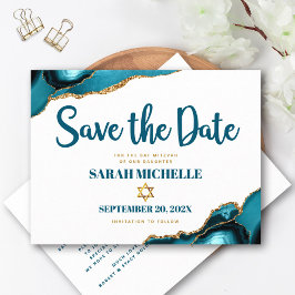 Bat Mitzvah Save the Date Türkis Agate Script Einladungspostkarte