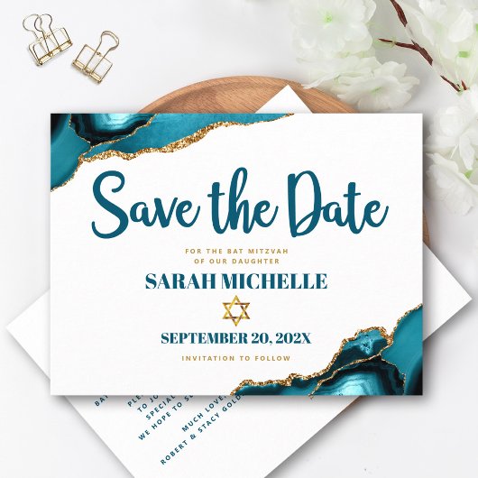 Bat Mitzvah Save the Date Türkis Agate Script Einladungspostkarte