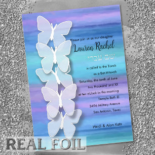 Bat Mitzvah Schmetterling Türkis Lila Aquarell Folieneinladung
