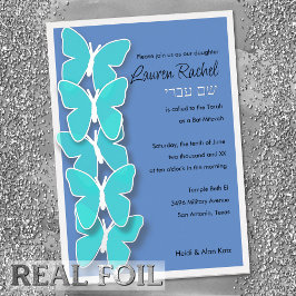 Bat Mitzvah Schmetterling Türkis und Farbe Folieneinladung