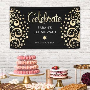 Bat Mitzvah Schwarz Gold Folie Baum des Lebens Sch Banner