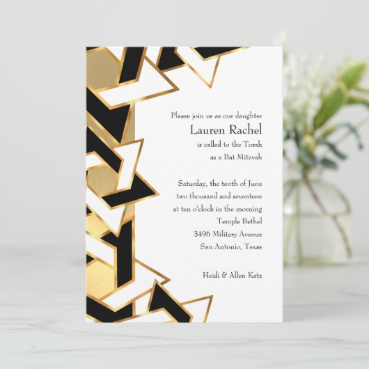 Bat Mitzvah Schwarz-weißer Star von David auf eine Einladung (Stehend Vorderseite)