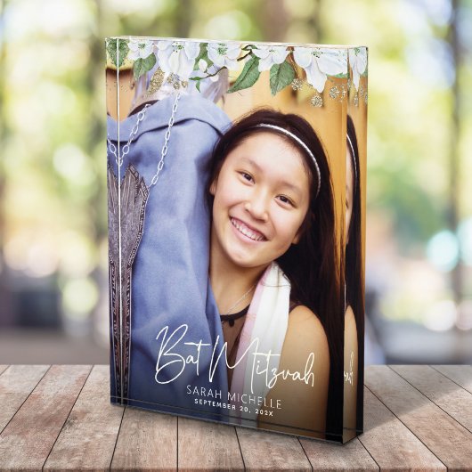 Bat Mitzvah Script Gold Floral Watercolor Keepake Fotoblock