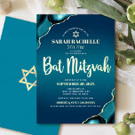 Bat Mitzvah Script Türkise Ombre Agate Real Gold Folieneinladung<br><div class="desc">Seien Sie stolz, freuen Sie sich und präsentieren Sie diesen Meilenstein Ihres Lieblings-Bat Mitzvah! Versenden Sie diese coole, einzigartige, moderne, personalisierte, hebräische Namensaufforderung für eine Veranstaltung, an die Sie sich erinnern können. Eine echte Goldfolien-Schrift Typografie, eine weiße Sans-Serif-Typografie und ein echter goldener Star von David überlagern einen tieftürkisfarbenen, aquamarinen, blauen...</div>