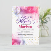 Bat Mitzvah Script Watercolor Glitzer Einladung (Stehend Vorderseite)