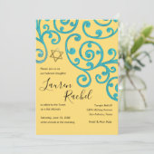 Bat Mitzvah Scroll Muster Aqua Einladung (Stehend Vorderseite)