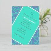 Bat Mitzvah Scroll Muster Aqua Einladung (Stehend vorne)