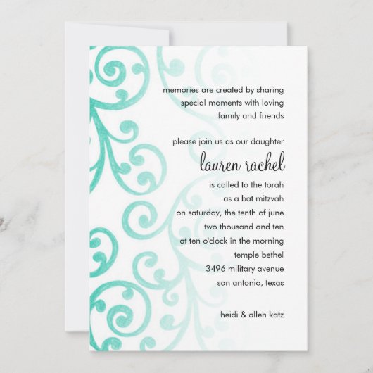 Bat Mitzvah Scroll Muster Aqua Einladung (Vorderseite)