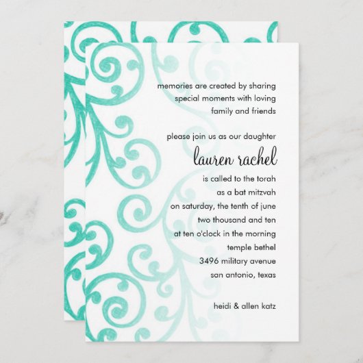 Bat Mitzvah Scroll Muster Aqua Einladung (Vorne/Hinten)