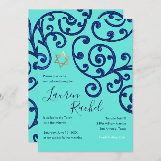 Bat Mitzvah Scroll Muster Blaue Einladung (Vorne/Hinten)
