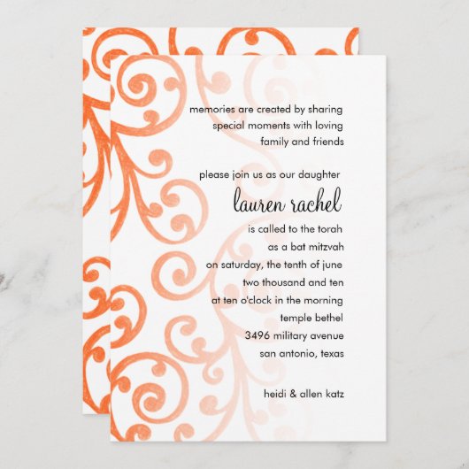 Bat Mitzvah Scroll Muster Orange Einladung (Vorne/Hinten)