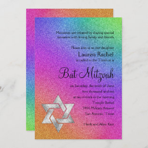 Bat Mitzvah Sehr farbenfroher Regenbogen mit Silve Einladung