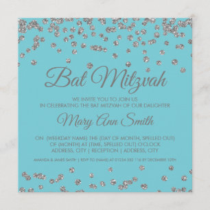 Bat Mitzvah Silver Glitzer Confetti Robin Egg Blue Einladung