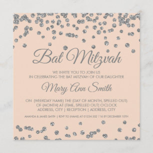 Bat Mitzvah Silver Glitzer Confetti Rosa Einladung