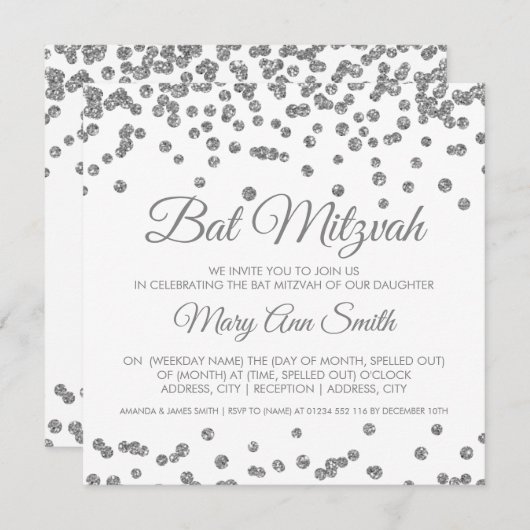Bat Mitzvah Silver Imitats Glitzer Confetti Weiß Einladung (Vorne/Hinten)