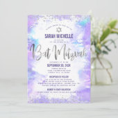 Bat Mitzvah Silver Lila Watercolor Girly 2 Veranst Einladung (Stehend Vorderseite)