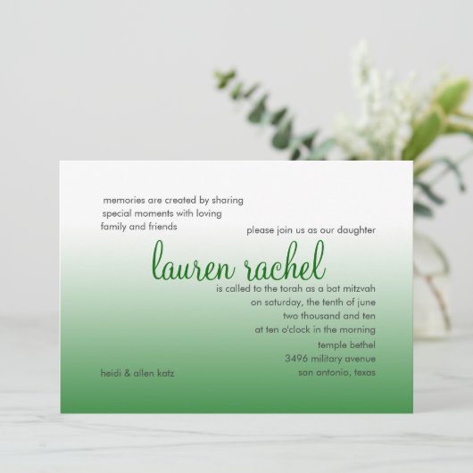 Bat Mitzvah Silver und Green Gradient Einladung (Stehend Vorderseite)