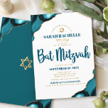 Bat Mitzvah Simple Modern Turquoise Agate Script Einladung<br><div class="desc">Seien Sie stolz, freuen Sie sich und präsentieren Sie diesen Meilenstein Ihres Lieblings-Bat Mitzvah! Versenden Sie diese coole, einzigartige, moderne, personalisierte, hebräische Namensaufforderung für eine Veranstaltung, an die Sie sich erinnern können. Dunkle aquamarine blaue Schrift Typografie und Imitate goldener Star von David überlagern einen schlichten, weißen Hintergrund mit türkisblauem Age...</div>