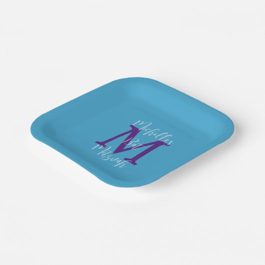 Bat Mitzvah Sky Blue Lila White Name Monogram Pappteller (Gewinkelt)